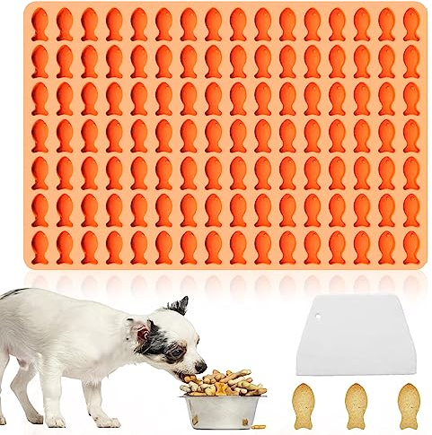 Backmatte Hundekekse, 2.5 cm Silikon Backmatte, 112 Löcher Hundekekse Backform, Kleine Fische Silikonformen, Hundekekse Mini Backunterlage für Hundekekse und Leckerlis DIY (Orange)