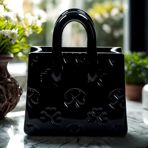 Handbag Shaped Ceramic Vase – Black Small Decorative Vase with Clover Pattern, 5.9L x 2.95W x 7.08H, Multi-Use for Flowers, Makeup Brushes & Pens, Elegant Gift for Women, Gothic & Modern Home Decor