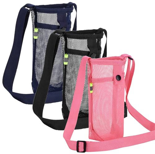 OUZHOU Water Bottle Bag, 3Pcs Water Bottle Holder, Water Bottle Carrier Bag Mesh, Water Bottle Sling with Adjustable Strap for for Hiking Camping Walking Sports Gym