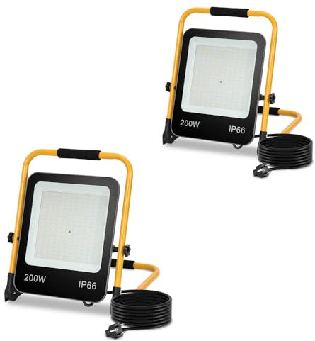 Yakimz LED Projecteur de chantier 200W, 2x 18000LM Lampe de travail Projecteur, IP66 étanche Portable Projecteur de travail 6000K Blanc froid Lampe de chantier, Câble et Support pliable
