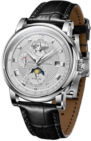 REEF TIGER Top Brand Herren Moonphase Automatikuhr Kompletter Kalender Leuchtend Transparent Leder Mechanische Uhr RGA1963