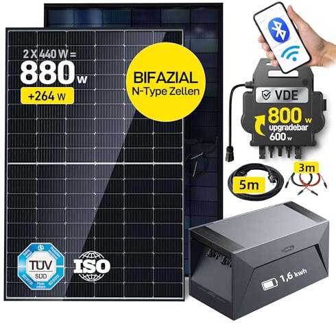 ALLDREI® 880W Balkonkraftwerk mit Speicher, Balkonkraftwerk 800W Komplett Steckdose mit 2x 440W Bifazialer Solarpanel & 1,6kWh Speicher E1600, Wechselrichter 600/800W mit APP&WIFI, 0% MwSt.