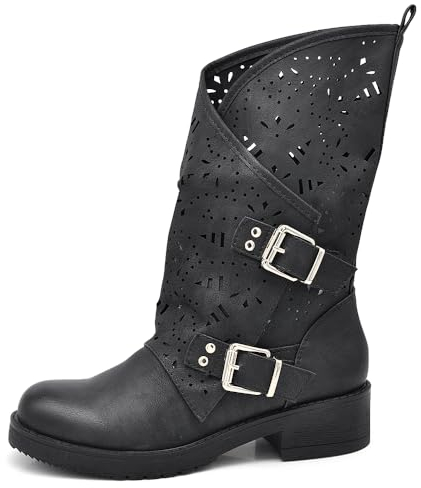IF Fashion Scarpe da Donna Stivali Stivaletti Biker Forati Fibbie Anfibi Polpaccio Largo WZ688-66 Nero 39