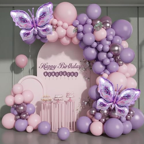 Ghirlanda Palloncini Viola, 124 Pezzi Kit Arco Palloncini Compleanno Bambina, Palloncini Farfalla Palloncini in Lattice per Compleanno, Anniversario, Festa Matrimonio Decorazioni, Baby Shower