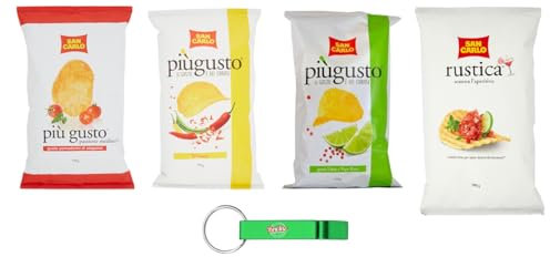 4 confezioni di test San Carlo Più Gusto Patatina, peperoni + lime e pepe rosa + pomodori ciliegia – patatine patatine, 3 x 150 g + Rustica 1 sacchetto da 300 g + portachiavi Beni Culinari