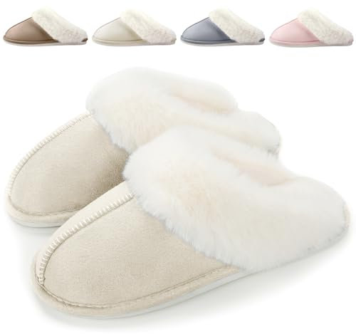 Zapatillas de Estar por Casa Mujer Hombre Invierno Zapatos Caliente de Lana Antideslizante Pantuflas Casa Peluche Forro Comodas Slippers, Beige, 42/43 EU