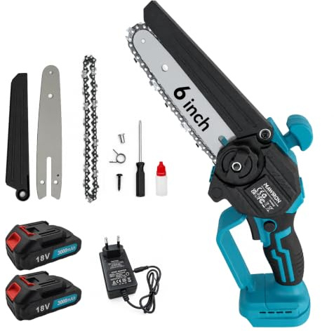 Mini Kettensäge mit Akku, 6 Zoll Stsäge mit 2x 3000mAh Akkus und Ketten, Mit Sicherheitsverriegelung und leistungsstarkem Motor, Handkettensäge Akku für Gartenscheren Astschere Holzschneidenz