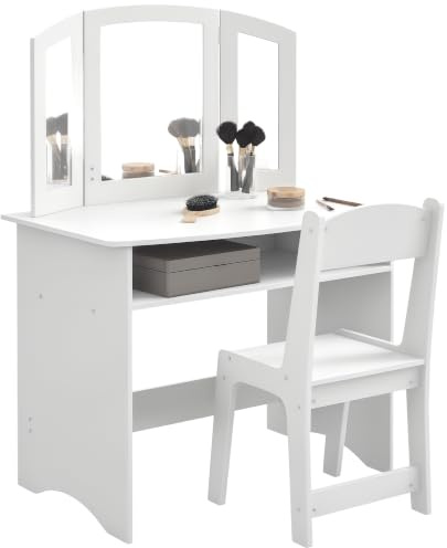 AIYAPLAY Set da Trucco per Bambini 3-6 Anni con Sedia in Legno Bianco | Tavolo Toeletta, Specchio Triplo Rimovibile