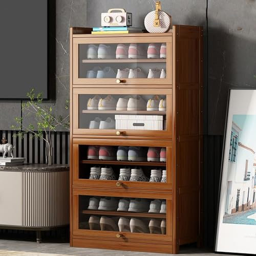 Vaianna Bambus Schuhschrank mit transparenter Tür, Schuhregal mit großer Kapazität mit Klapptür für Eingang, Wohnzimmer, Schlafzimmer (Braun, 80cm,9-Lagen)