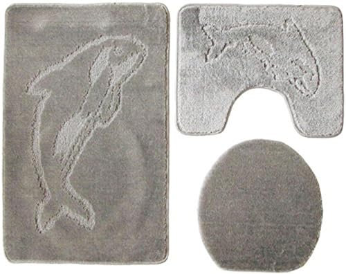 Ilkadim Export 3-teiliges Badset WC Delphin Muster einfarbig, Badteppich 55x85cm, WC-Vorleger mit Ausschnitt für Stand-WC (Grau)