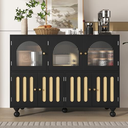 KUAKE Sideboard, Glastür im Design, klaviertastenförmige Tür, runde Säulenbeine, stilvoller Aufbewahrungsschrank, geeignet für Esszimmer und Wohnzimmer ﻿ (Schwarzes)