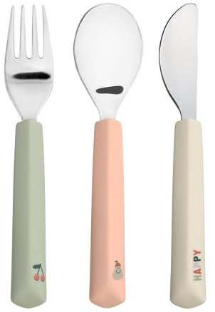 LÄSSIG Kinderbesteck Set 3-teilig Gabel, Löffel, Messer Edelstahl Silikongriff/Cutlery with Silicone Handle Happy Fruits Cherry