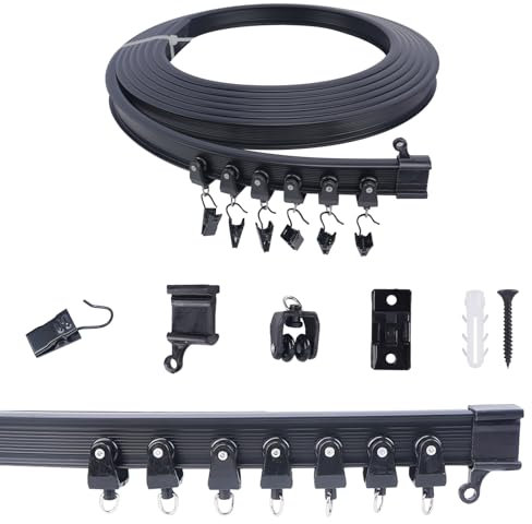 FOGAWA 5m Vorhangschiene mit 40 Vorhangklammern, Deckenvorhangschiene, Flexible Gardinenschiene, Gebogen, Deckenschiene für Duschvorhangstange, Raumteiler, Vorhangschienensystem Deckenmontage, Schwarz