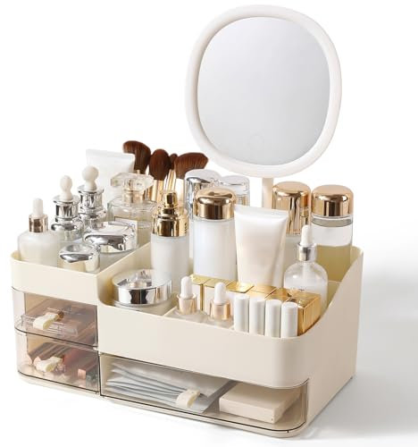 DASITON Organizer per trucchi con specchio ricaricabile e 3 cassetti, organizer per prodotti per la cura della pelle e cosmetici, porta pennelli da trucco, grande espositore per cosmetici, scrivania,