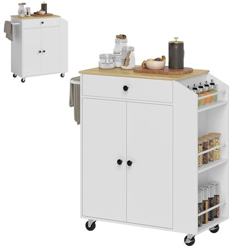 HOMCOM Isla de Cocina con Ruedas Carrito de Cocina Mueble Auxiliar de Cocina con 2 Puertas Cajón Especiero de 3 Niveles Toallero y Estante Ajustable 82x38x86,5 cm Blanco