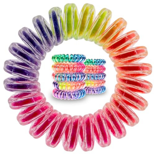 Specora Spiral Haargummi Regenbogen Bunt 10er Pack - 4 cm - Telefonkabel Zopfgummi - Ohne Ziepen & Verheddern - Elastisch, ohne Abdruck, haarschonend