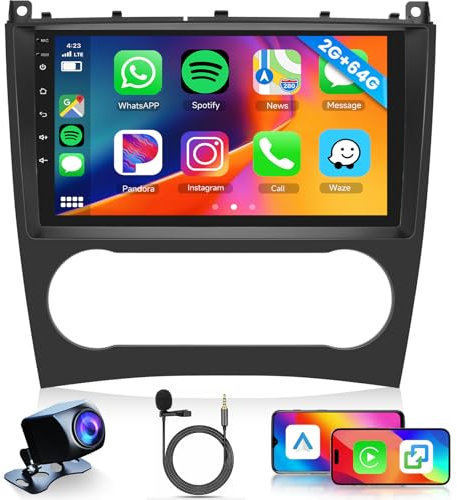 Hodozzy 2G+64G Android Radio para Mercedes-Benz Clase C/GLK W203 W209 C200 C230 C240 C320 C350 CLK 2005-2009 con Carplay Android Auto, 9 Pulgadas Pantalla Táctil GPS Bluetooth WiFi EQ/DSP FM/RDS, SWC