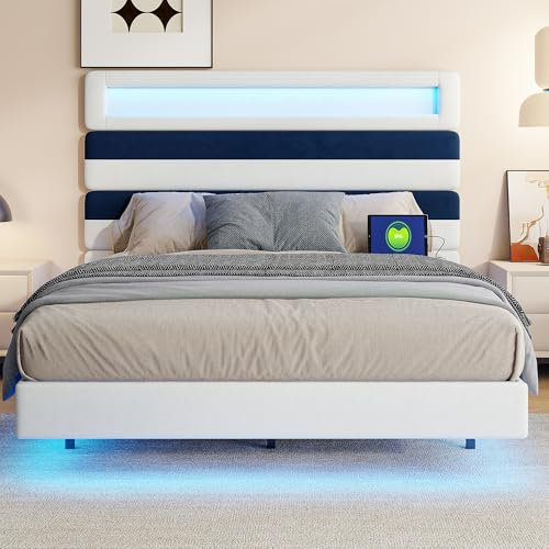 Marco de cama flotante, 140 x 190 cm, cama Queen Size con luces LED y puertos USB, marco de cama de plataforma moderna con cabecera ajustable, sin necesidad de somier, fácil de montar