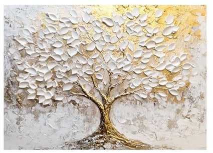 WUFIEA Arbre de vie en Impression sur toile, Sculpture d'arbre doré et blanc Affiche Murale Abstrait Image sur Toile Tableau Salon Chambre Décorations - 70x100cm Sans cadre(Blanc)