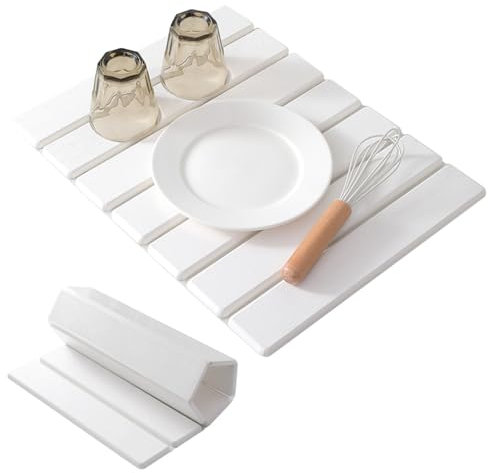 Quick Dry Stone Mat Kitchen,Foldable Stone Dish Drying Mat,Fast Dry Absorbent Non-Slip Diatomaceous Earth Mat for Kitchen Counter,Sink,Dish,Cup,Bottle,Any Countertop (White, L)