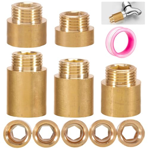 WUISOLQP 5 Stück Hahnverlängerung 1/2 Zoll, Messing Hahnverlängerung 10mm/15mm/20mm/25mm/30mm, Messing Verlängerung Fitting mit Dichtungsband, Hahnverlängerung für Wasserhähne, Eckventile & Duschköpfe