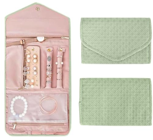Sac à Bijoux en Rouleau Pochette Bijoux Voyage Imperméable,Organisateur de Bijoux Sac Rangement de Bijoux Pliable,Rouleaux de Bijoux Portable pour Boucles d'oreilles Collier Bracelet Bagues (Vert)