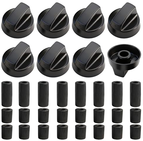 YUWJOOWEE 8 pomos de control universales negros con 24 accesorios para todas las marcas de horno, estufas de gas, hornos eléctricos, termostatos y más, perillas de control de cocción duraderas