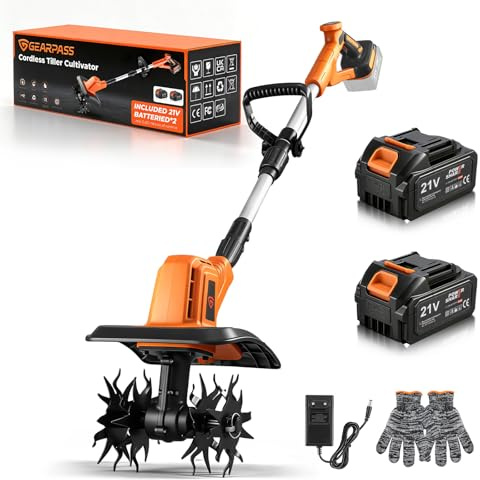 GEARPASS Cordless Electric Tiller Cultivator, 21V Battery Powered Garden Tiller with 2×4.0Ah Batteries, 9″ Tilling Width & 6.6″ Depth, 360RPM 48 Rust-Resistant Blades for Soil & Gardening