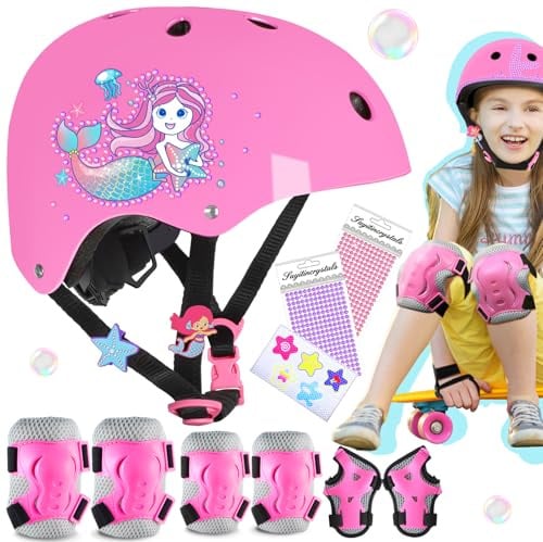 Sirenetta Set Casco Protezione per Bambina Casco Bici Regolabile Ginocchiere Gomitiere Protezioni per Monopattini Skateboard Ciclismo Pattini in Linea Pattinaggio Scooter Ciclismo