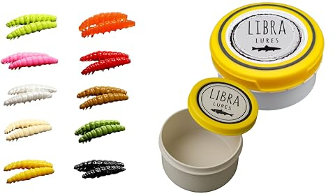 Libra Lures Larva 35mm Starter-Set – 20x Forellenköder Softbaits in 10 Farben mit Käse-Aroma – Gummiköder Set + dichte Dose – Ideal zum Forellenangeln