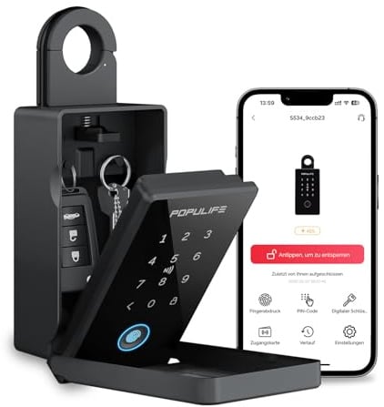 Populife Fingerabdruck-Schlüsselbox für Draußen, Smart Schlüsseltresor mit Zahlencode, Kabelloser Fernzugriff-Schlüsselsafe für Zuhause, Makler und Airbnb, Funktioniert Offline, Wasserdicht