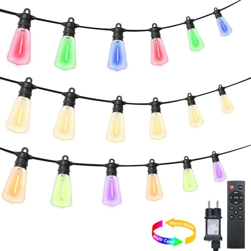 15M ST38 Glühbirnen Lichterkette Bunt und Warmweiß Outdoor Strom, 8 Modi | 24 Lampe Bunte Lichterkette Außen Weihnachten, 4 Dimmbar, Timer,Wetterfest,Colorful String Light für Party Balkon Garten Deko