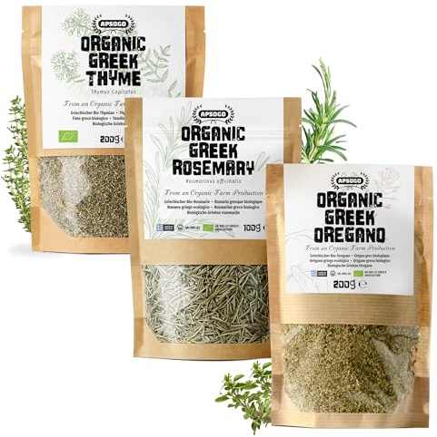 APSOGO Organic Greek Herb Bundle - Rosemary, Thyme & Oregano - Premium Dried Herbs - Aromatic Mediterranean Flavor