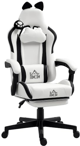 HOMCOM Ergonomischer Gaming-Stuhl mit Katzenohren, Weiß | Neigung, Höhenverstellung, Fußstütze, Kopfstütze, Lendenwirbelstütze, 360°-Drehung.