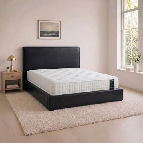 SANA SLEEP 4FT6 Double Size Modern Pia Ottoman Gas Lift Storage Faux Leather Bed with Mattress- Black