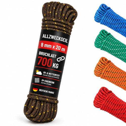Green Home Corda 8 mm 20 m – Corda in polipropilene PP per ormeggio, fune multiuso, per lavori a maglia, per esterni, carico di rottura: 700 kg, 20 m x 8 mm, marrone-giallo