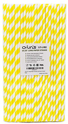 Yellow White Striped Paper Drinking Straws, 10.25 Inch Long, 0.24 Dia. - For Cocktail, Soda, Tall Bottles - 100 PCS