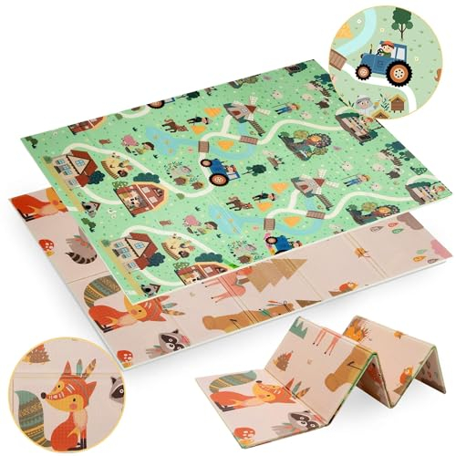 HUMBI Spielmatte Baby, Krabbelmatte, XPE Schaumstoff, Doppelseitig, Flatbar, Wasserdicht, Extra Größe, Teppich Babymatte, Rutschfest, 120x180 cm, Dorf und Wald