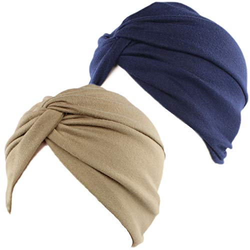 2 Stück Beanie Mütze Turban Damen Aus Baumwolle Elastisches Printed Schlafmütze Turban Kappe Hut Kopftuch für Haarverlust Haarausfall Muslim (Marine+Khaki)