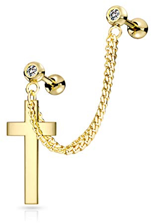 beyoutifulthings Knorpel Ohr-stecker 2 Zirkonia Clear Kette Kreuz-Anhänger Cartilage Labret Piercing-s Tragus Farben Edelstahl Schraub-Verschluss