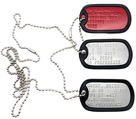 Militärische Erkennungsmarken – Set mit 2 personalisierbaren personalisierbaren Edelstahl-Anhängern mit zusätzlichem roten medizinischen Notfallanhänger mit Kugelketten und Schalldämpfern