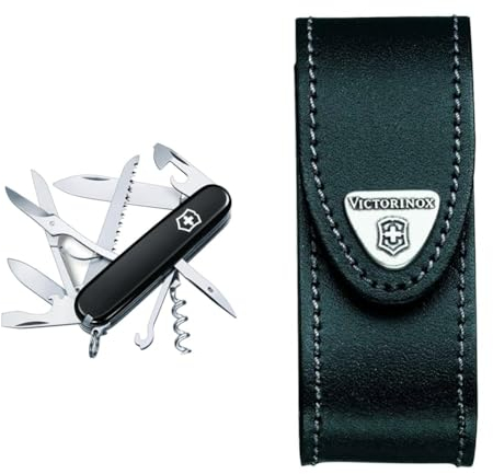 Victorinox Huntsman Couteau d'officier Noir & 4.0520.3 Etui-Ceinture - Pochette en cuir noir avec fermeture Velcro