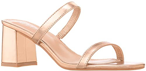 ILLUDE Women’s Block Heel Double Band Square Toe Heeled Sandal Slip On Shoes, Rose Gold Pu, 6 UK