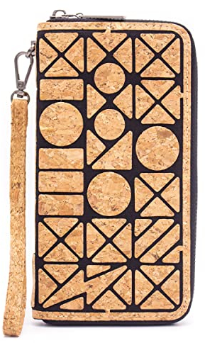 Geldborse/Geldbeutel/Portemonnaie aus Kork, vegan, vegan Leder, groß viele Fächer, Motiv Geometric, mit dem Reissverschluss, Vintage