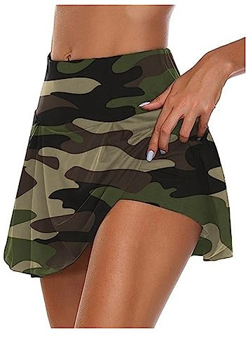Frauen-Tarnung Aktiv Rock Tennis Sport Skorts A-Linie Faltenrock mit Shorts