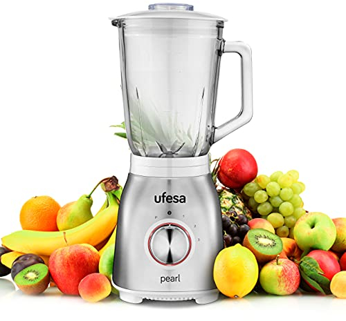 Ufesa BS4900 Pearl Batidora de Vaso, 1000W, Jarra de Cristal de 1.5L, Control Eléctronico LED de Velocidad, Cierre Hermético, Pica Hielo, 6 Cuchillas de Acero Inoxidable, Libre de BPA, Inox Blanco