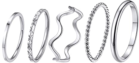 GOLDCHIC JEWELRY Fashion Damenring im 5-Set Edelstahl Ultrafeinier Ring Blumenring Ripple-Ring Drehring Gebogener Ring Ringgröße 48(15.3)-54.5(17.3) in Silber