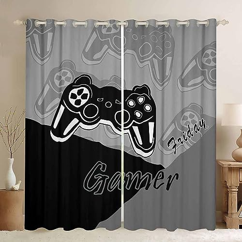 Gamer Tende per camera da letto Gaming Tende isolate termiche per adolescenti Ragazzi Video Game Decor Tenda Controller Trattamento Finestre Nero Grigio W46*L54