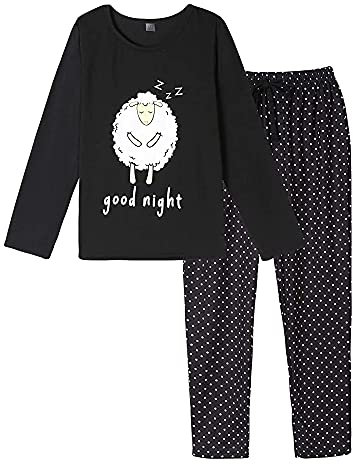MyFav Damen Rundhals Schlafanzug Zweiteilige Nachtwäsche Lang Hausanzug Herbst Winter Sleepshirt(Schaf,M)