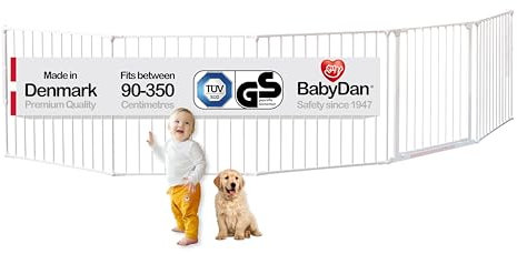 BabyDan Galten XXL, 90-350 cm, Kaminzaun/Treppengitter/Raumteiler/Kaminumrandung, Weiß, Hergestellt in Dänemark - Kinderschutzgitter/Sicherheitsgitter (Haustiergitter/Hundegitter/Hundespielgehege)
